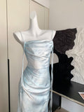 Graceful Adjustable Tie Straps Blue Satin Dress