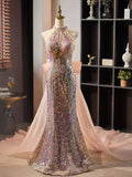Gold Halter Beading Sequin Mermaid Prom Dress With Detachable Bow