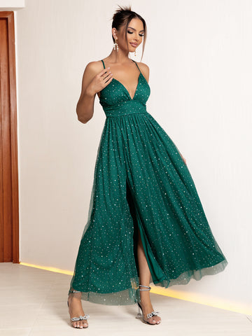 Green Mystic Dazzle High-Slit Prom Dress