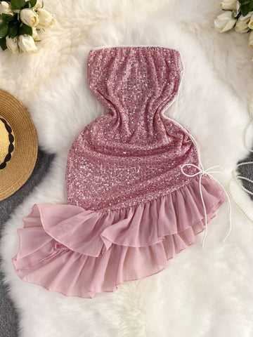 Pink Flouncy Hem Sequin Dress