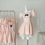 Black Bow Pink Short Puff Sleeves Summer Dress