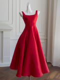 Red Satin Tea Length Straps Square Homecoming Dress