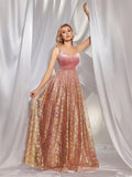 A Line Corss Criss Back Pink Sequin Prom Dress