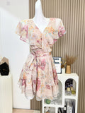 Ruffles V Neck Floral Print Chiffon Short Mini Dress