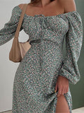 Floral Long Sleeve Square Collar Dress