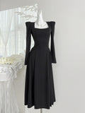 Bold Square Neckline Fitted Waist Black Dress