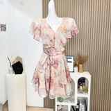 Ruffles V Neck Floral Print Chiffon Short Mini Dress