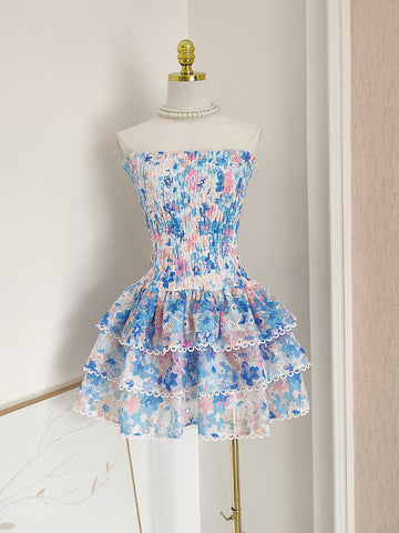 Floral A Line Mini Blue Strapless Homecoming Dress