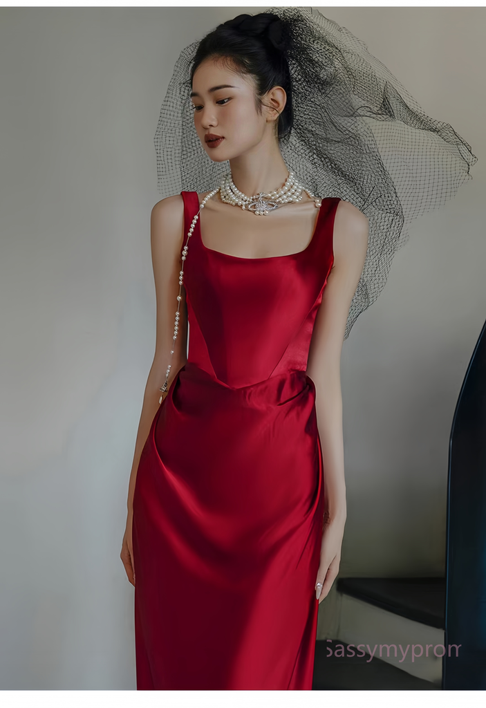 Square Neck Ruched Mermaid Dress With Slit Burgundy