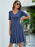 Short Sleeve Casual Pleated Swing Dresses with Pockets