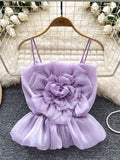 Purple Oversized Flower Embellishment Ruffled Top