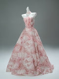 A Line Tulle Sparkle Pink Floral Prom Dress