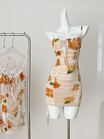 Orange Floral Pattern Ruched Mini Dress