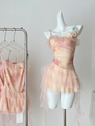 Print Ruffled Tulle Pink Sleeveless Dress