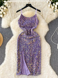 High Slit Sequin Purple Dress