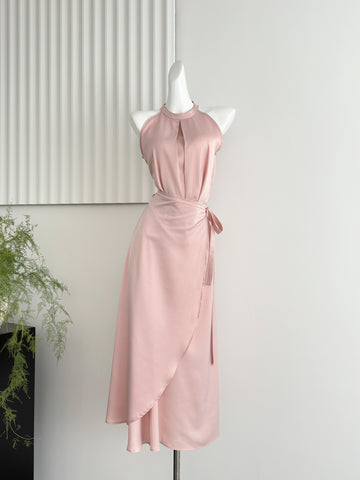 Keyhole Neck Adjustable Wrap Waist Satin Midi Dress