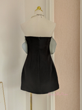 Black Satin Short Mini Silver Flower Homecoming Dress