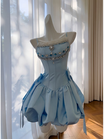 Short Mini Ruffles Satin Sky Blue Beading Homecoming Dress