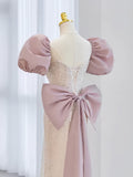 Pink Puffy Sleeves Trumpet Mermaid Sequin Prom Dress