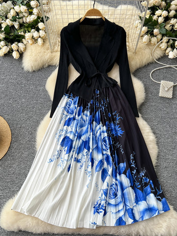 Black Wrap Top Blue Floral Maxi Skirt