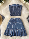 Silver Eyelet Details Chic Denim Skirt Set