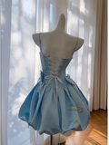 Short Mini Ruffles Satin Sky Blue Beading Homecoming Dress