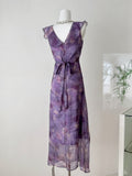 Tie Front V Neck Purple Maxi Dress