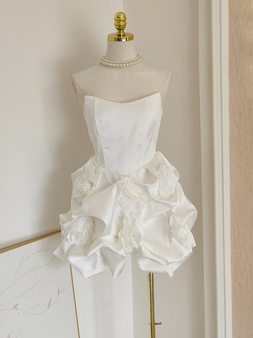 White Satin Flower Short Mini Strapless Homecoming Dress