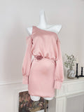 One-Shoulder Fitted Cuffs Satin Pink Dress