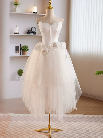 3D Strapless A Line White Tulle Homecoming Dress