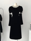 Vintage-Inspired Classy Black Velvet Midi Dress