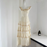 Cascading Ruffles Vintage-Inspired Cream Dress