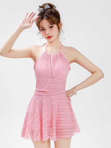 Pink Straps Plain Lace Swim Dress