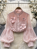 Pink Lace Elegance Blossom Adorned Blouse