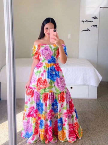 Colorful Floral Short Sleeve Long Maxi Beach Dress