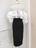 Ruffles Sheath Column Black & White Tea Length Homecoming Dress