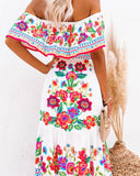 Floral Print Off Shoulder Mexican  Beach Maxi Dress