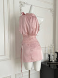 Bow & Lace One Shoulder Pink Satin Dress