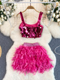 Electric Pink Sequin and Feather Skirt Dance Set