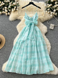 Graceful Tie Up Bow Light Blue Checkered Sundress