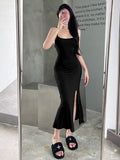 Black Mermaid Hem Cami Slit Dress