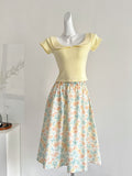 Yellow Peter Pan Collar Crop Top Floral Printed Midi Skirt