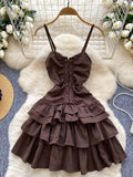 Adjustable Straps Layered Ruffle Brown Mini Dress