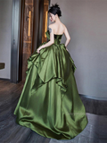 Ruffles Satin Green Off The Shoulder A Line Prom Dress