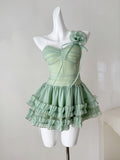Ruffled Skirt Mint Green Strapless Mini Dress