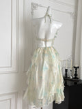 Soft Hued Floral Asymmetric Ruffles Dress