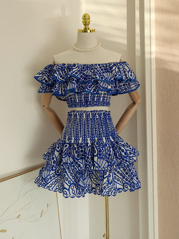 Ruffles Off The Shoulder Blue Two Piece Homecoming Dress