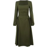 Green Puff Sleeve Midi Hem Dress