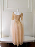 Square Beading Sequin Champagne Long Sleeve Prom Dress