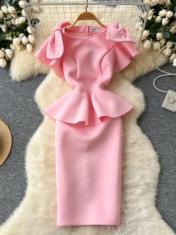 Decorative Shoulder Pearls Elegant Pink Dress